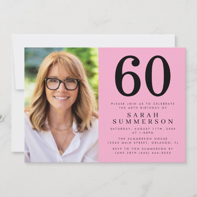 Invitation Modern Sixty Pink Black Photo 60th Birthday Party (Devant)