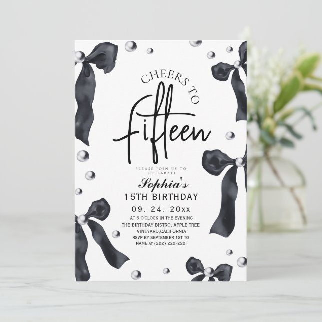 Invitation Modern & Stylish Black Bow Birthday Party (Debout devant)