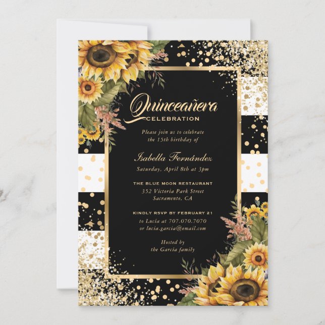 Invitation Modern Sunflower Gold Black White Quinceañera (Devant)