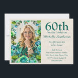 Invitation Modern Teal Blue Green Flowers 60th Birthday Photo<br><div class="desc">Celebrate a special milestone in style with this elegant 60th birthday invitation, featuring a beautiful floral photo frame and soft, sophisticated design. The fresh green and blue botanical accents paired with classic typography create a refined and timeless look—perfect for an afternoon tea, brunch, or garden party celebration. Personalize with your...</div>