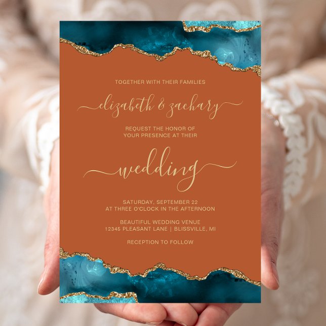 Invitation Modern Teal Gold Agate Script Burnt Orange Wedding (Créateur téléchargé)