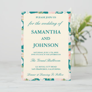 Invitation Modern Teal Vintage Ivory Floral Monogram Wedding