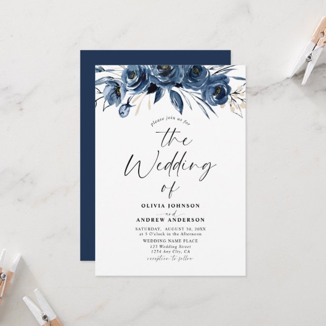 Invitation Modern Trendy Navy Blue Watercolor Floral Wedding (Devant/Arrière en situation)