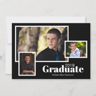 Invitation Modern Trois Photo Classic Black Graduation Party