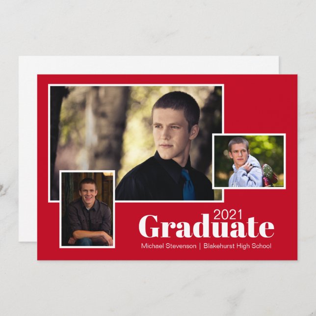 Invitation Modern Trois Photo Red and White Graduation Party (Devant / Derrière)