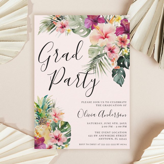 Invitation Modern Tropical Floral Pink Graduation Party (Créateur téléchargé)