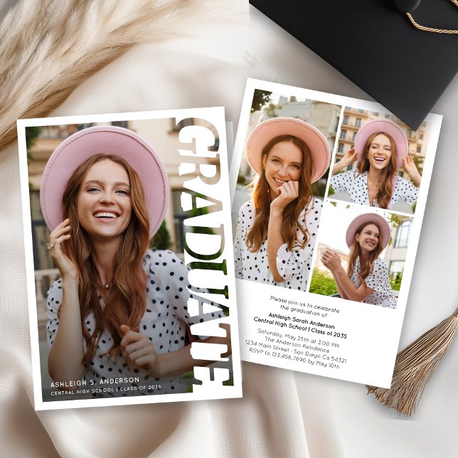 Invitation Modern Typography Graduate 3 Photo Collage (Créateur téléchargé)