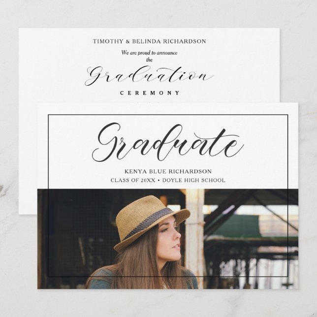 Invitation Modern Typography Script Photo Graduate Graduation (Devant / Derrière)