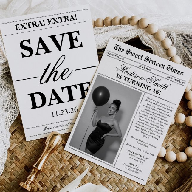 Invitation Modern Unique Newspaper Photo Sweet 16 (Créateur téléchargé)