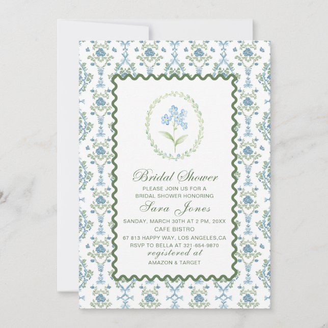 Invitation Modern Watercolor Blue flowers Bridal ShInvitation (Devant)