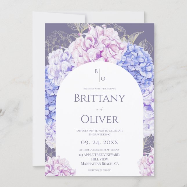 Invitation Modern Watercolor Blue & Lavender Florals Wedding (Devant)