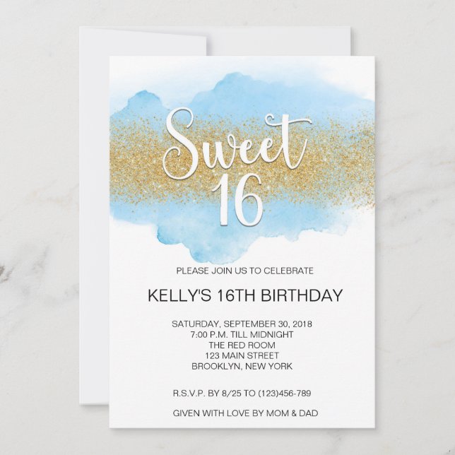 Invitation Modern Watercolor Blue Sweet 16 Sixteen (Devant)