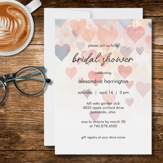 Invitation Modern Watercolor Hearts Bridal Shower (Créateur téléchargé)