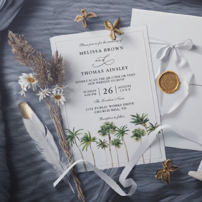 Invitation Modern Watercolor Palm Budget QR Code Wedding  (Créateur téléchargé)