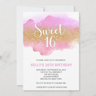 Invitation Modern Watercolor Pink Sweet 16 Sixteen