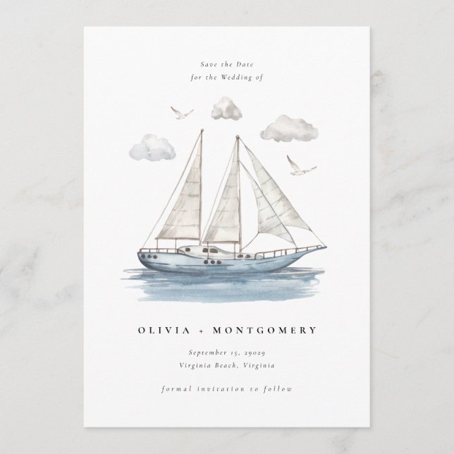 Invitation Modern Watercolor Sailing Yacht Save the Date  (Devant)
