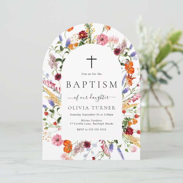 Invitation Modern Watercolor Wildflowers Arch Baptism (Debout devant)