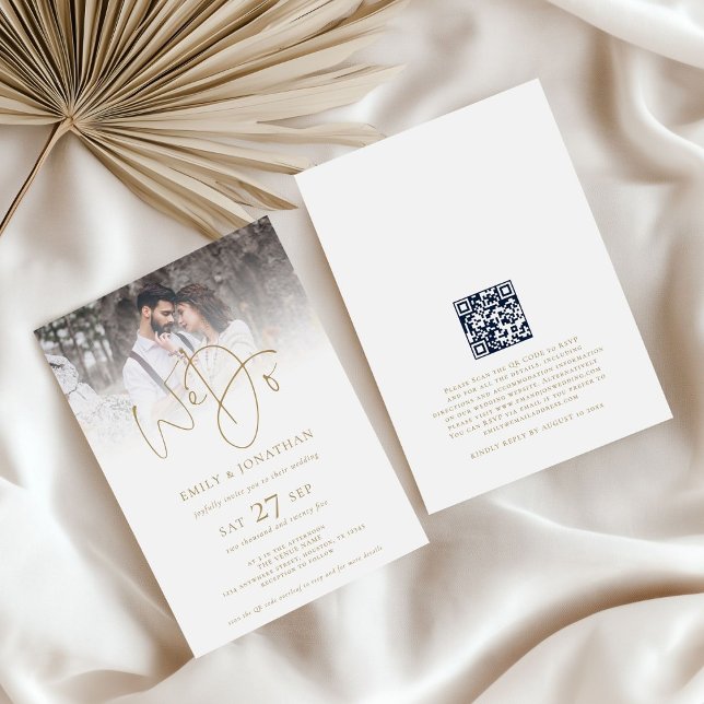 Invitation Modern We Do Gold Texte QR Code Photo Mariage (front and back view)
