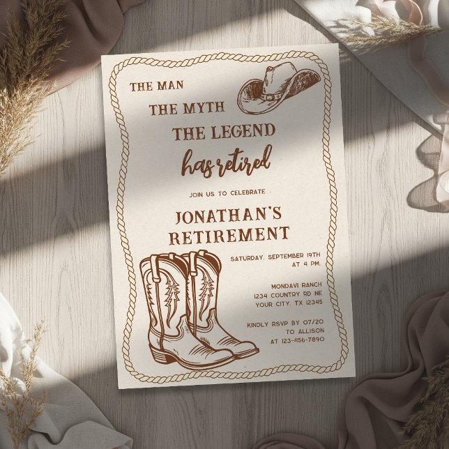 Invitation Modern Western Rustic Cowboy Boots Retirement (Créateur téléchargé)