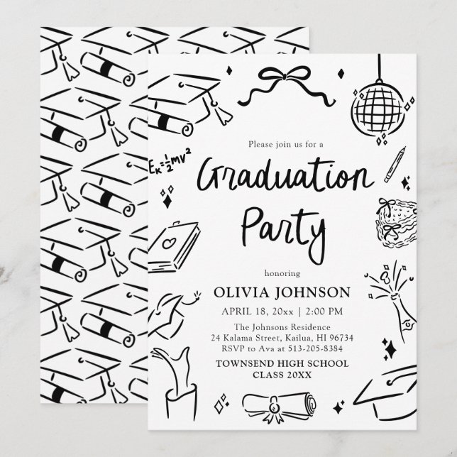 Invitation Modern Whimsical Hand Drawn Bow Graduation Party (Devant / Derrière)