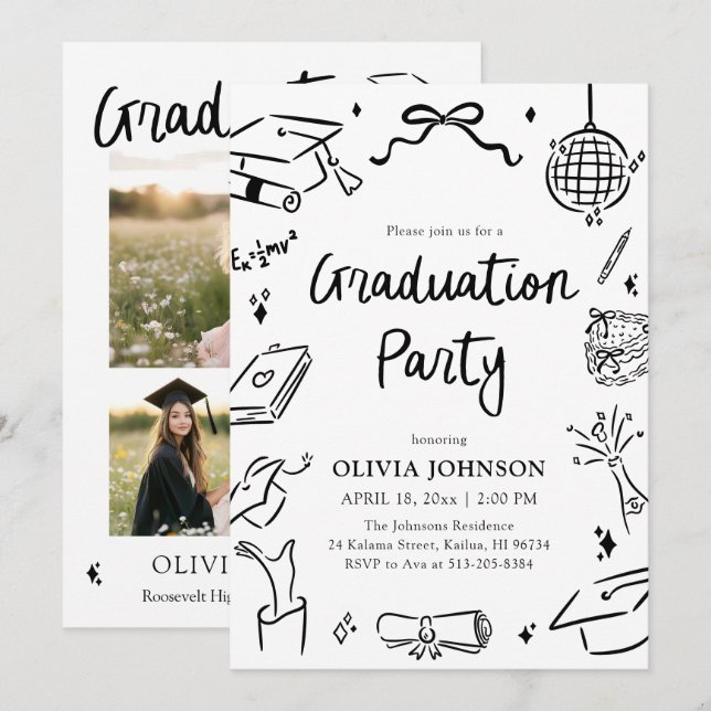 Invitation Modern Whimsical Hand Drawn Bow Graduation Party I (Devant / Derrière)