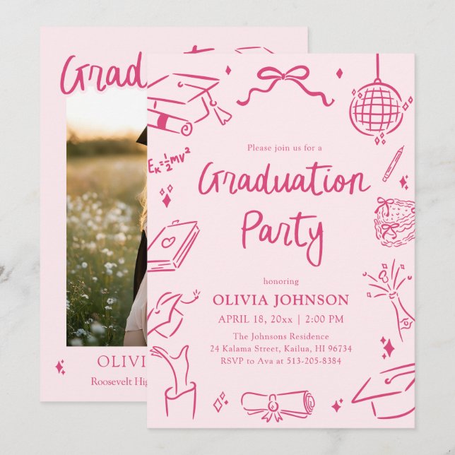 Invitation Modern Whimsical Hand Drawn Pink Graduation Party (Devant / Derrière)