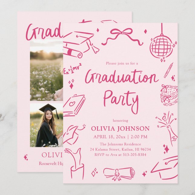 Invitation Modern Whimsical Hand Drawn Pink Graduation Party (Devant / Derrière)