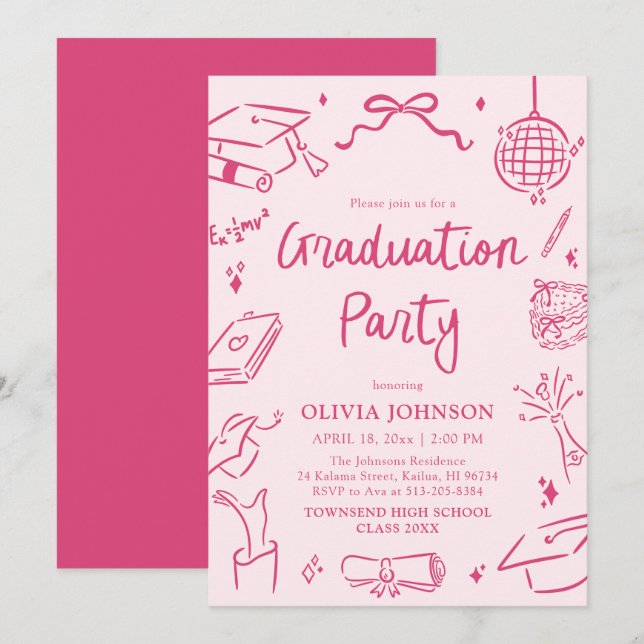 Invitation Modern Whimsical Hand Drawn Pink Graduation Party (Devant / Derrière)
