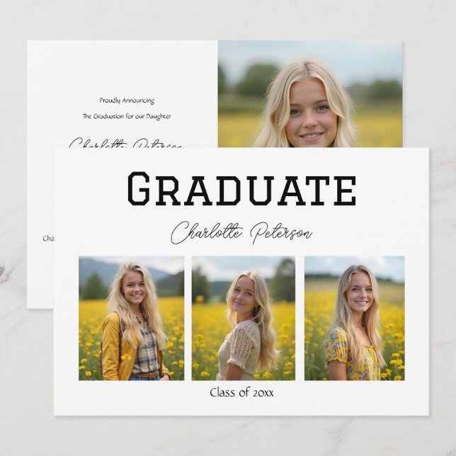 Invitation Modern White and Black Photo Grad Announcement (Devant / Derrière)