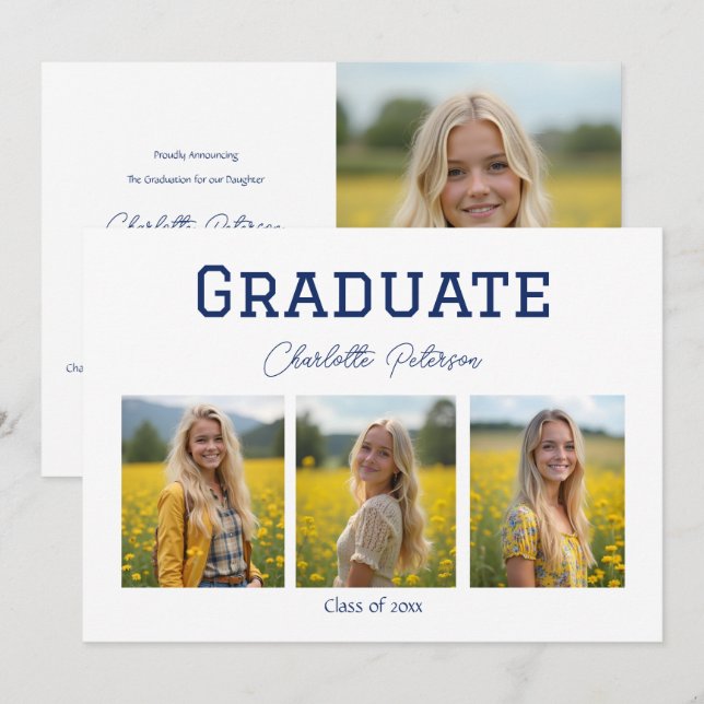 Invitation Modern White and Blue Photo Grad Announcement (Devant / Derrière)
