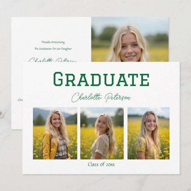 Invitation Modern White and Green Photo Grad Announcement (Devant / Derrière)