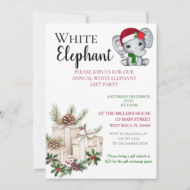 Invitation Modern White Elephant Kids Christmas party  (Devant)