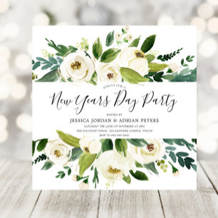 Invitation Modern White Florals Green New Years Day Party