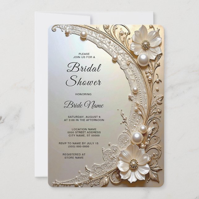 Invitation Modern White Flowers Pearls Bridal Shower (Devant)