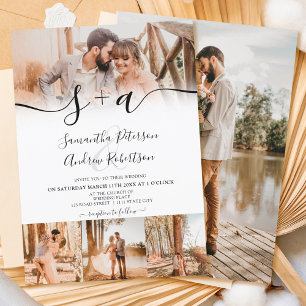 Invitation Modern white initials script 5 photos wedding