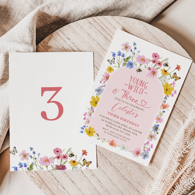 Invitation Modern Wildflower Young Wild Three 3rd Birthday  (Young Wild and Three Wildflower 3rd Birthday Invitation, Young Wild and Three Invitation Template)