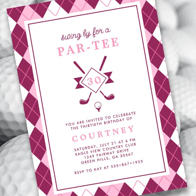 Invitation Modern Women's 30th Birthday Argyle Pink Golf (Créateur téléchargé)