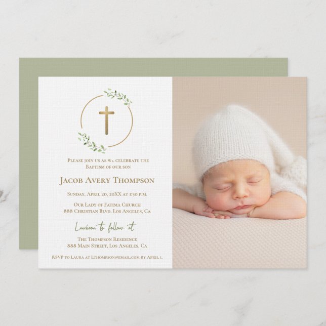 Invitation Modern Wreath Gold Cross Baby baptism Photo green (Devant / Derrière)