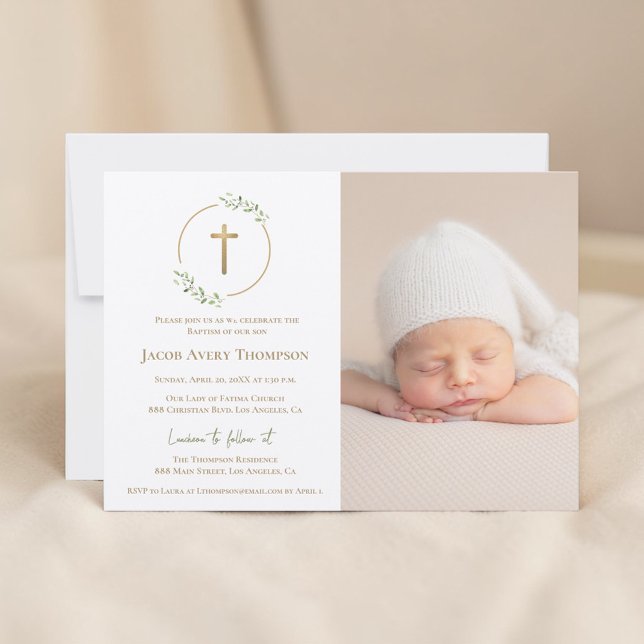 Invitation Modern Wreath Gold Cross Baby baptism Photo green (Customizable photo baptism with gold cross, and greenery wreath)
