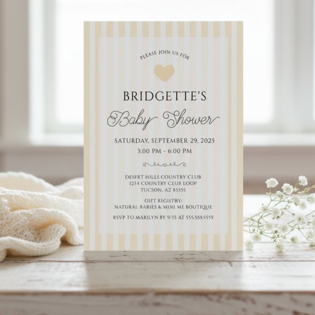 Invitation Modern Yellow Country Club Baby Shower (chic yellow and white preppy stripes baby shower invitation with heart elegant script typography)