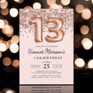 Invitation Moderne 13ème anniversaire Rose Gold Balloons Part