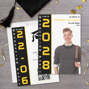 Invitation Moderne 1 Photo Gold Black QR Code Grad Party