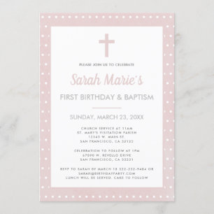 Invitation Moderne 1er Anniversaire Baptême Girl Pink Polka D