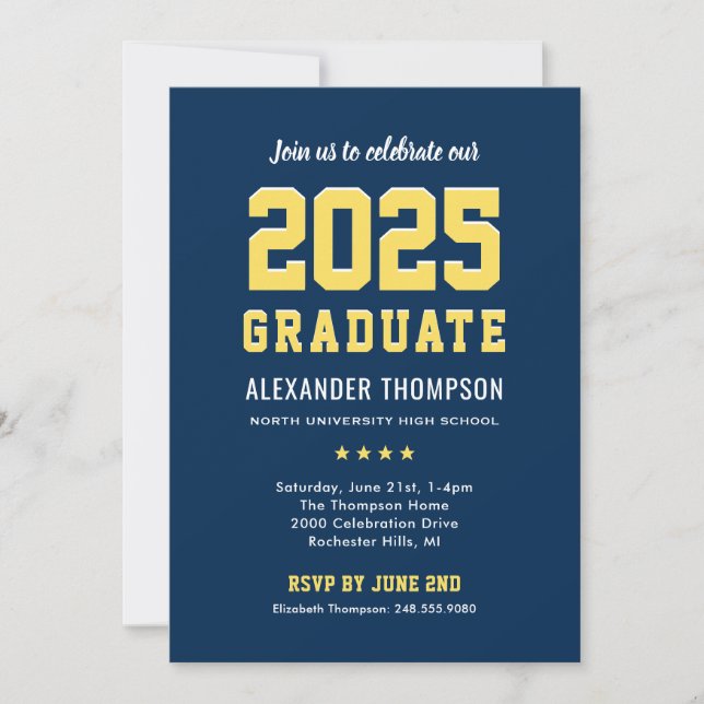 Invitation Moderne 2023 Graduate Navy Jaune Graduation Party (Devant)