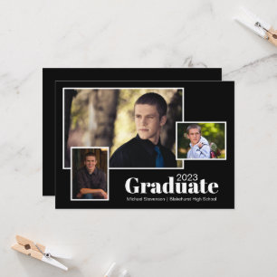 Invitation Moderne 2023 Trois photo Black Graduation Party