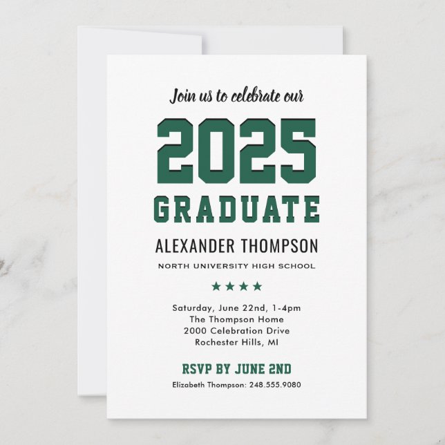 Invitation Moderne 2025 Graduate Green Graduation Party (Devant)