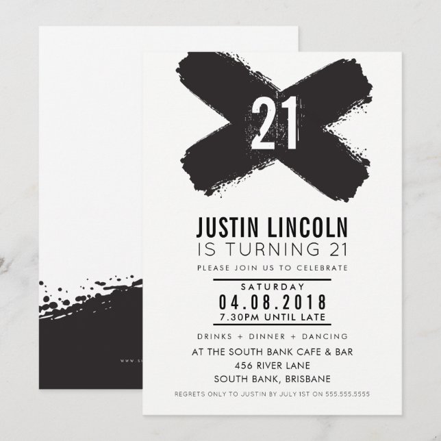 Invitation MODERNE 21e anniversaire fête noir brosse traits (Devant / Derrière)
