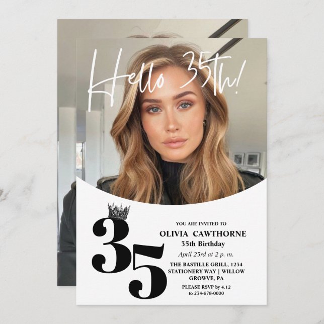 Invitation Moderne 2 Photo 35e anniversaire Blanc Noir (Devant / Derrière)