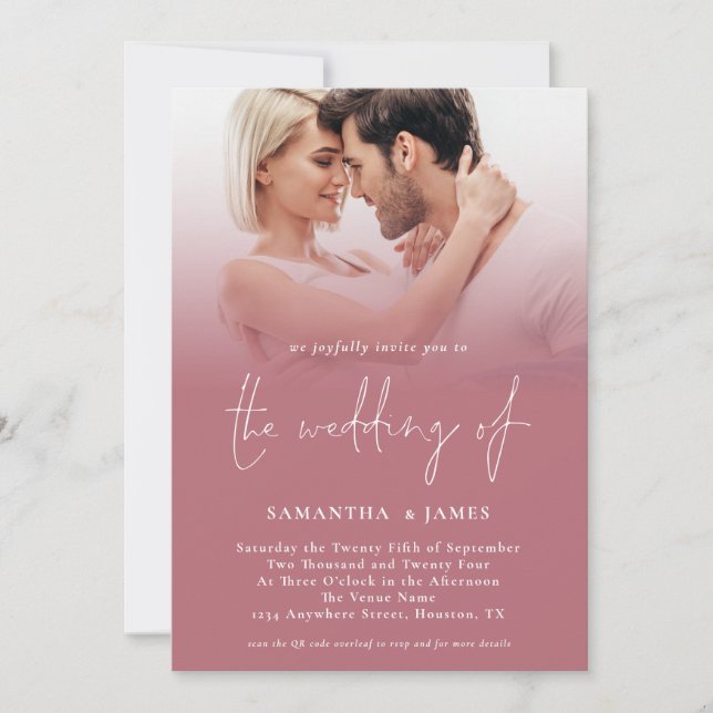 Invitation Moderne 2 Photos Script QR Rose Gold Mariage (Devant)