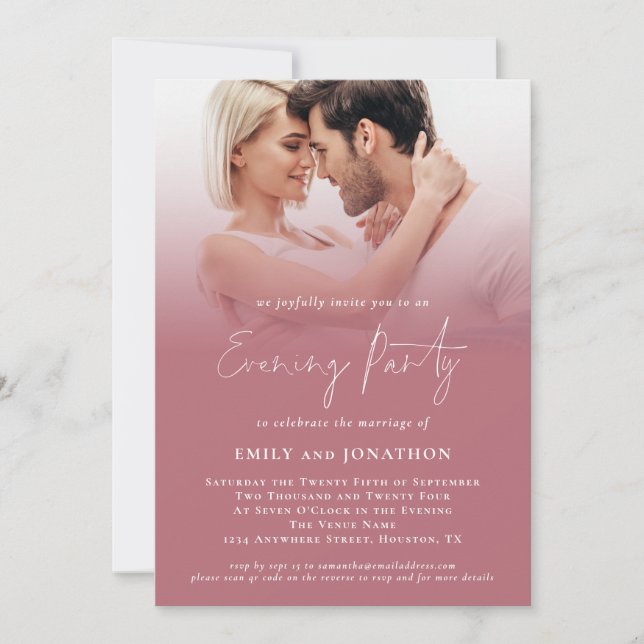Invitation Moderne 2 Photos Script Rose Gold Mariage Soirée (Devant)